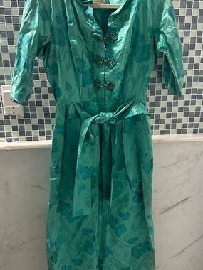 Dynasty for Lord & Taylor Mint Satin Floral Cheongsam-Style Dress with Waist Tie